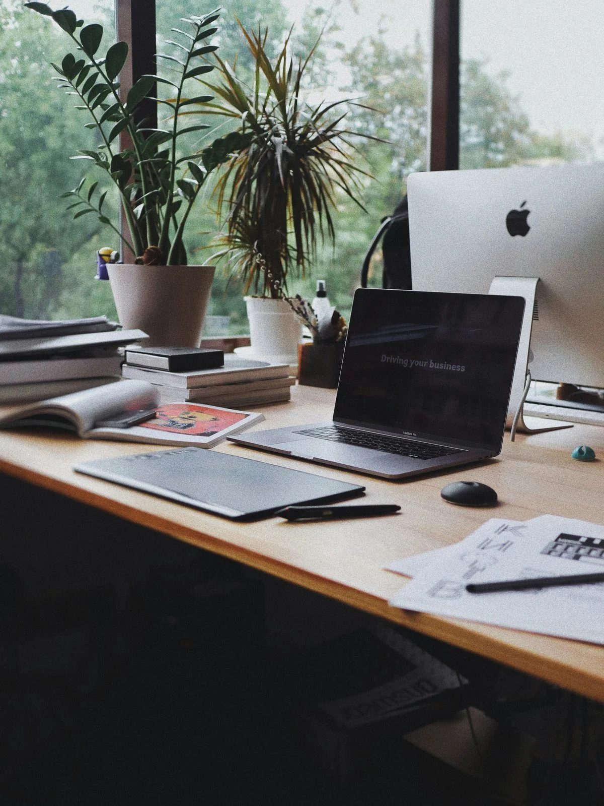 A calm desk with a laptop, notebooks, and plants by a window