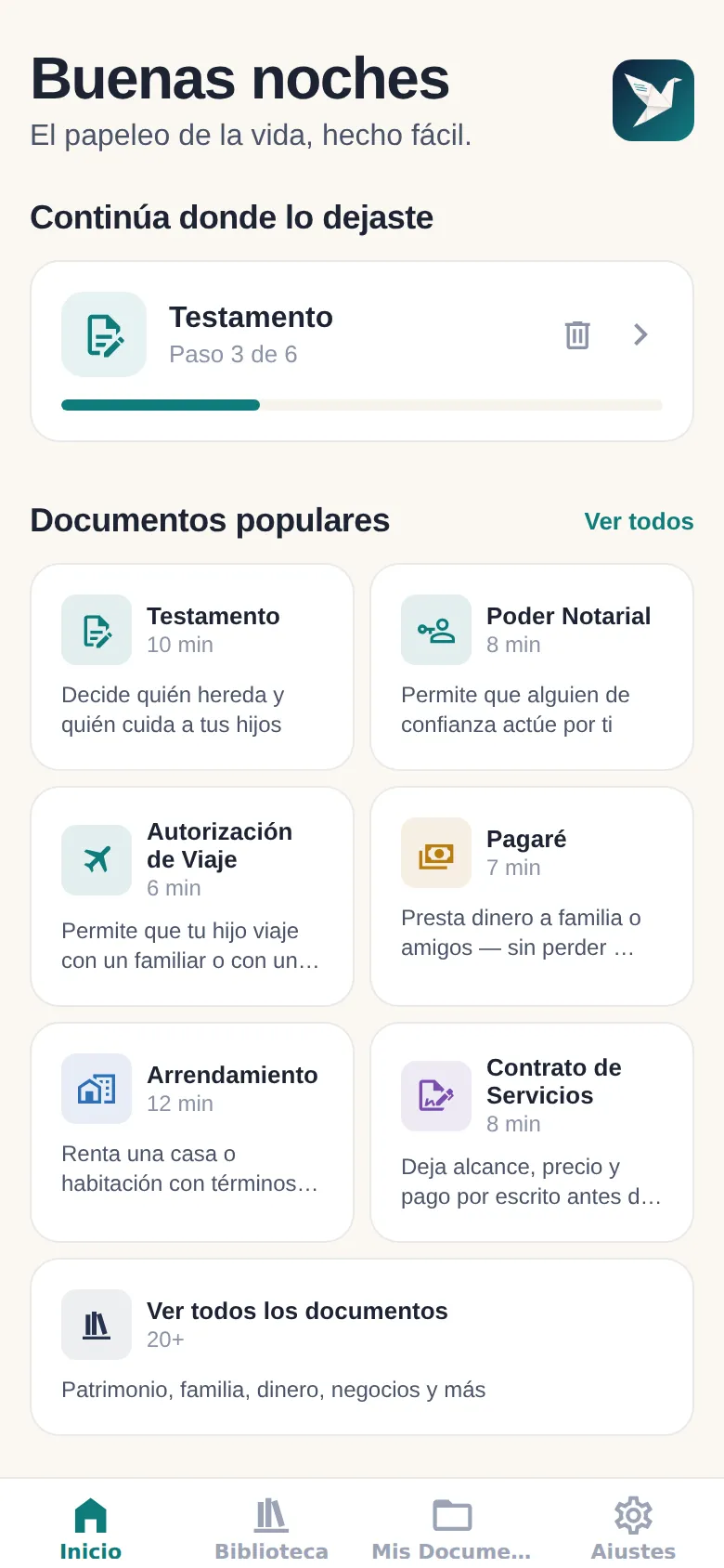 Pantalla de inicio de Paperbird con un borrador de Testamento en progreso listo para continuar en el paso 3 de 6, sobre documentos populares como el Poder Notarial