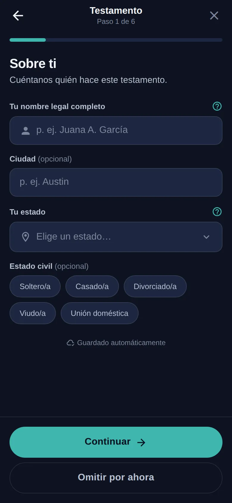 Un paso del asistente con preguntas en lenguaje sencillo, guardado automático y la opción de omitir